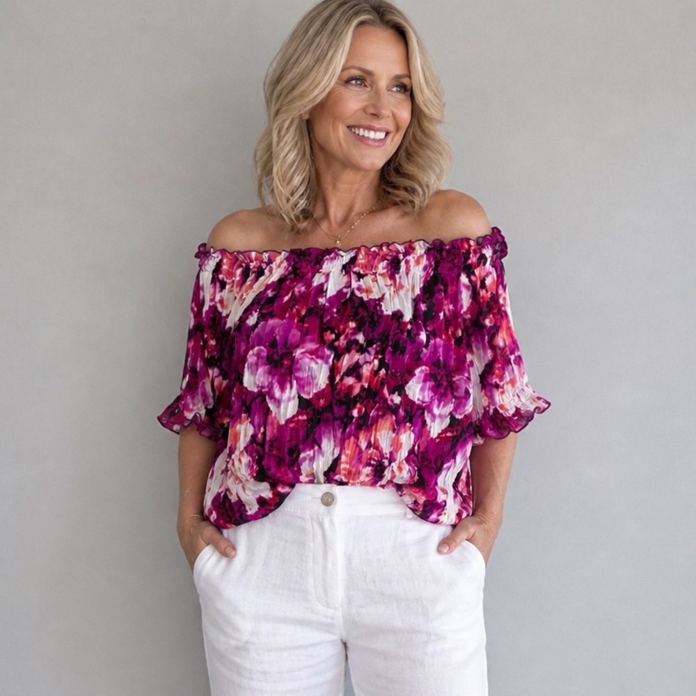 Worthington Off-Shoulder Floral Blouse in Magenta Pink, size L